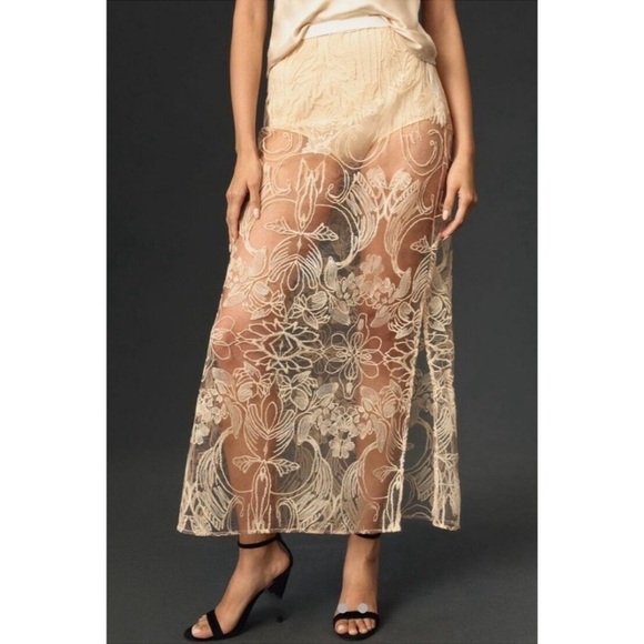 ANTHROPOLOGIE Sheer Lace Embroidered Maxi Skirt Rose Color Size M NEW Demure - Picture 13 of 13